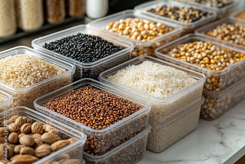 Pantry staples: Grains legumes and nuts neatly stored in clear containers for organized kitchen storage Zero waste food storage concept