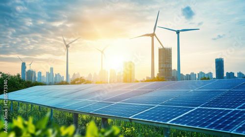 Sustainable energy landscape with solar panels and wind turbines at sunset