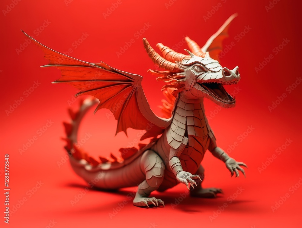 Majestic paper dragon roaring with red wings extended on red background Majestic paper dragon roaring with red wings extended on red background