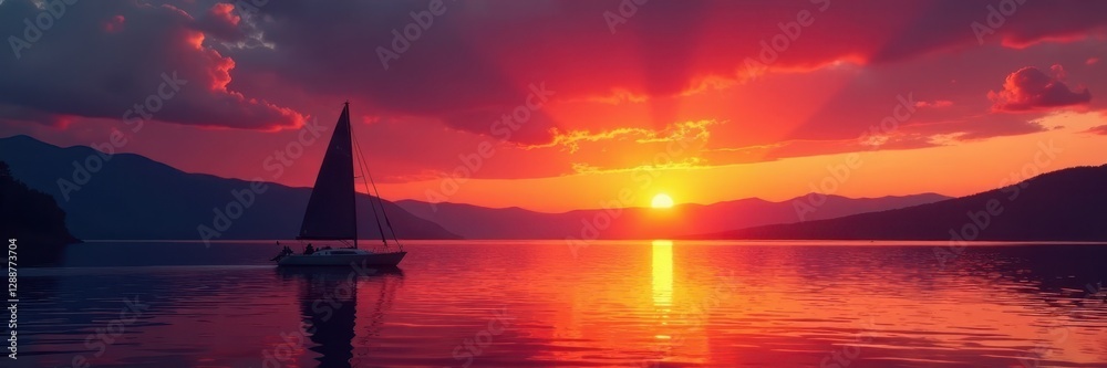 Fiery sunset paints Lake Superior, sailboat silhouetted , horizon, scene, wild Fiery sunset paints Lake Superior, sailboat silhouetted , horizon, scene, wild