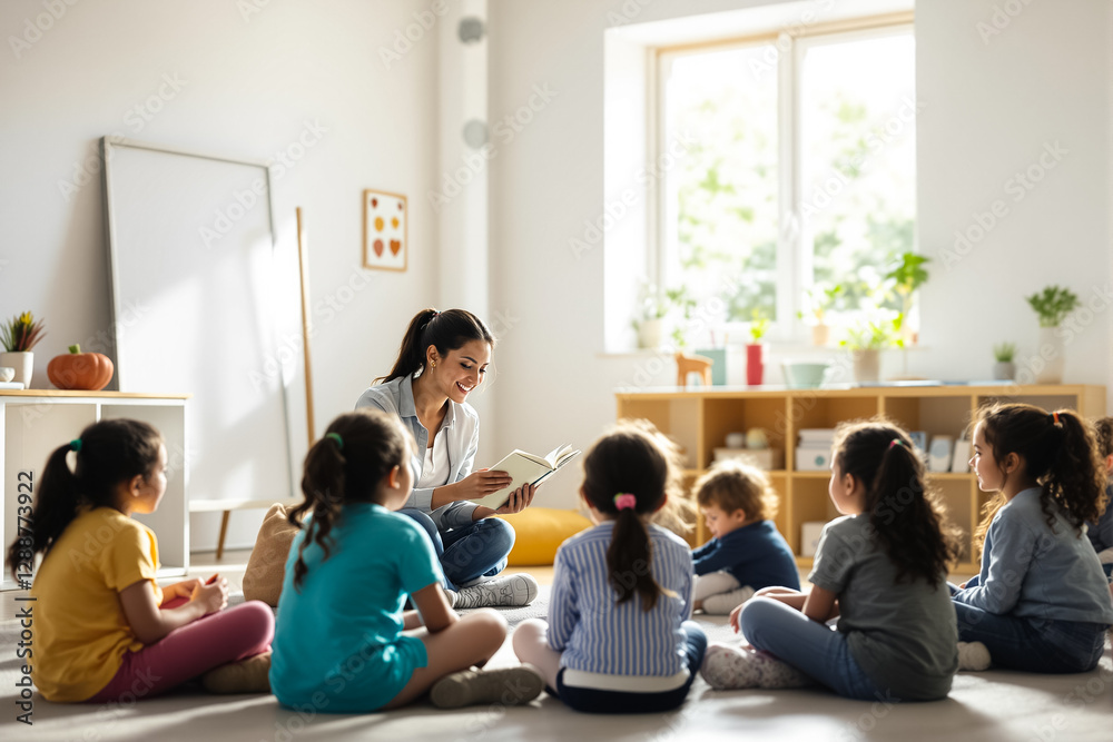 A teacher reads a book while children attentively gaze at her in a well-lit classroom. The setting features natural light and colorful decor, creating a warm atmosphere for learning A teacher reads a book while children attentively gaze at her in a well-lit classroom. The setting features natural light and colorful decor, creating a warm atmosphere for learning