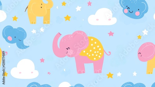 Celebration of joyful elephants wild safari pattern design vibrant jungle aerial view colorful seamless art