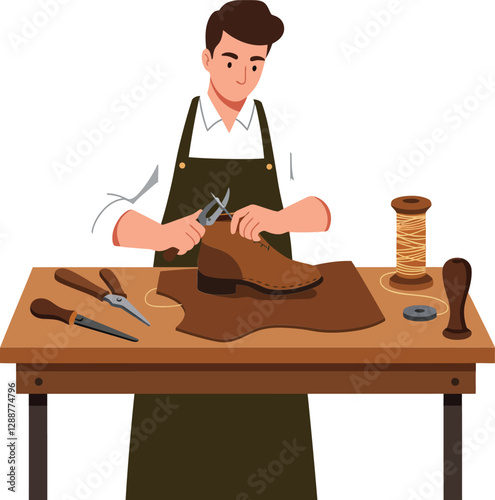 Craftsman working on leather shoe with tools in minimal flat vector illustration