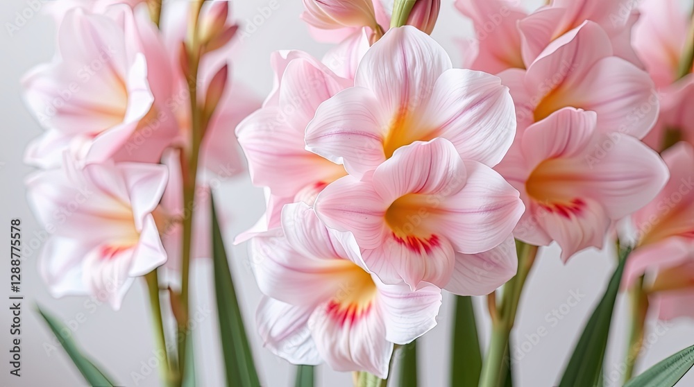 Obraz premium Elegant light pink gladiolus flowers for wedding decor inspiration, floral backgrounds, and romantic-themed design projects