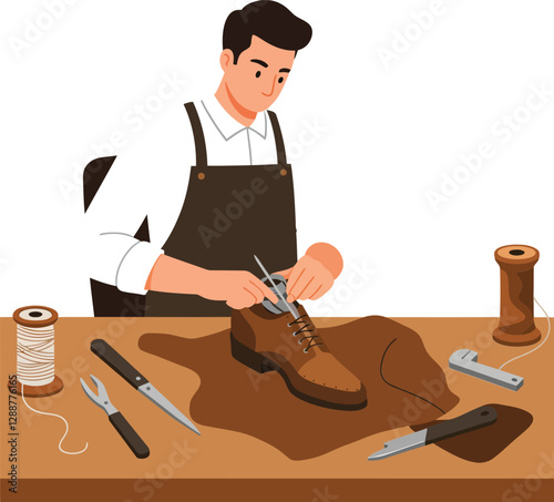 Shoe repair artisan working diligently in minimal flat vector art