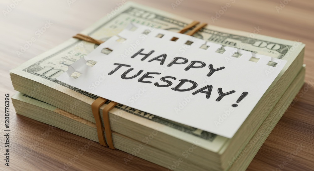 Obraz premium Stack of Money with Happy Tuesday Note on Wooden Surface
