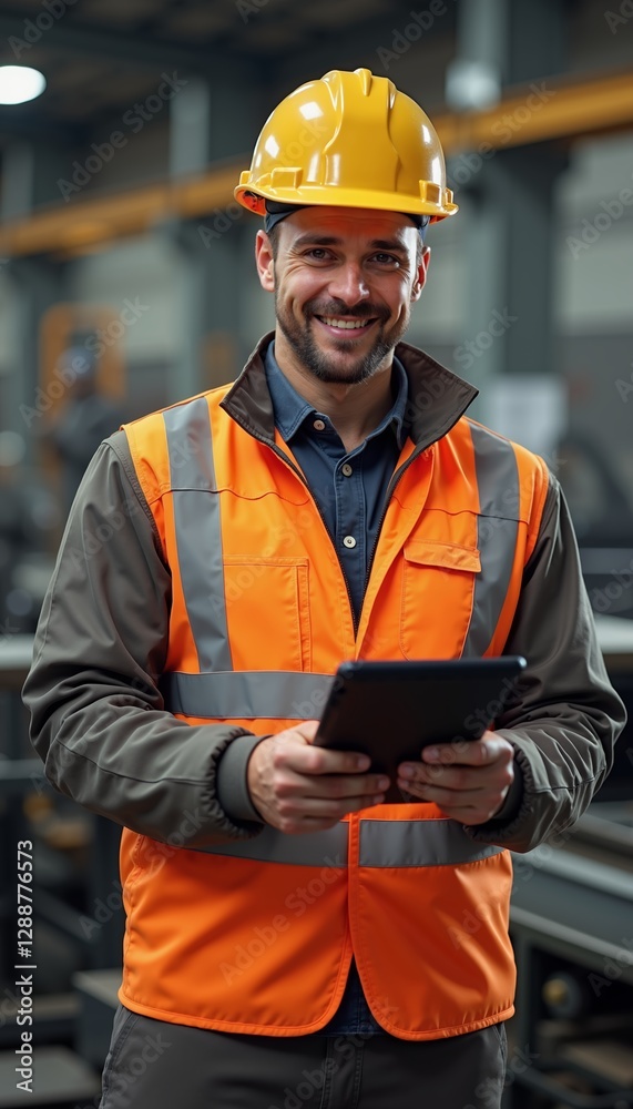 Caucasian bearded man in safety gear smiling while using tablet in heavy industrial workplace