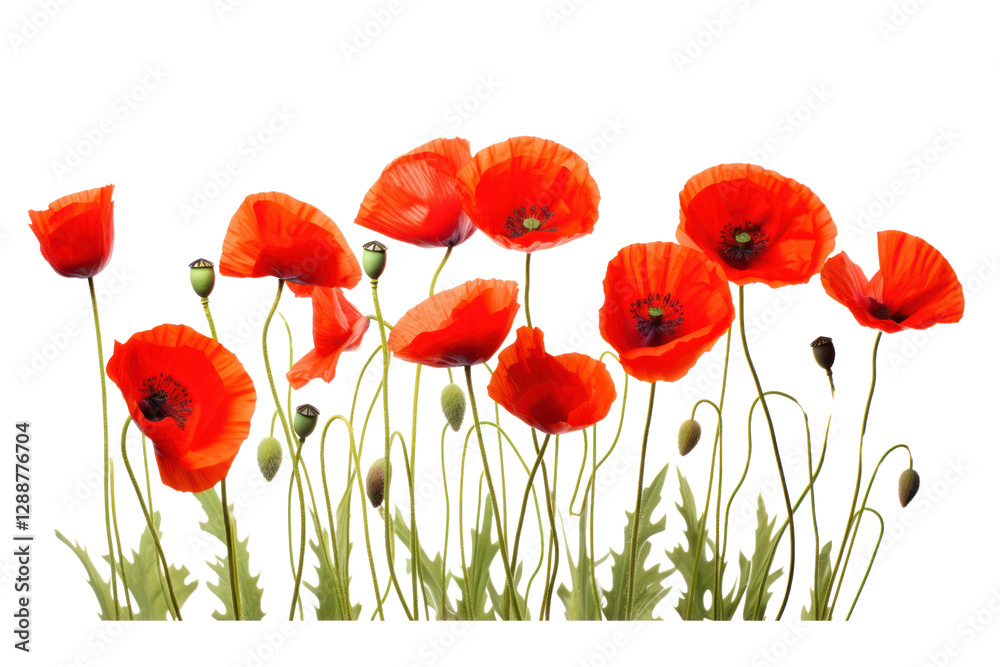 Obraz premium Bright red poppies in full bloom with delicate petals and green stems isolated on white background