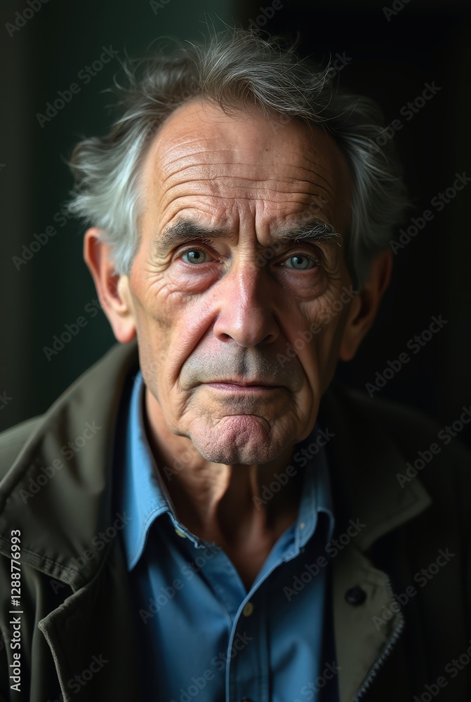 Fototapeta premium Portrait of serious senior man showing wrinkles and grey hair
