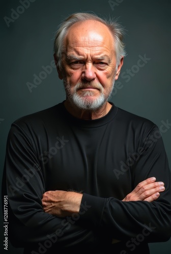 Grumpy senior man crossing arms with a serious expression on dark background photo
