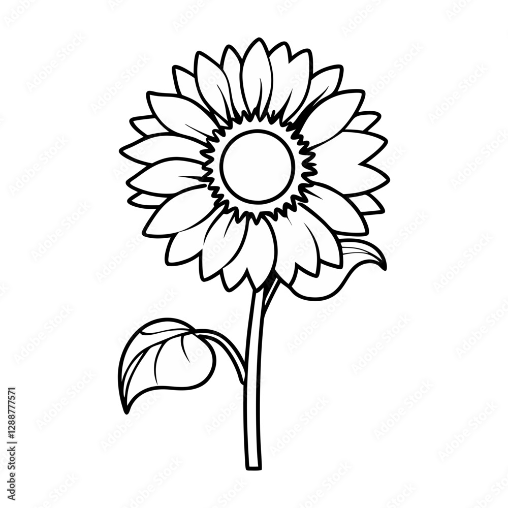 Vector illustration of a detailed sunflower in black and white, ideal for coloring pages, botanical designs, and floral-themed artwork.