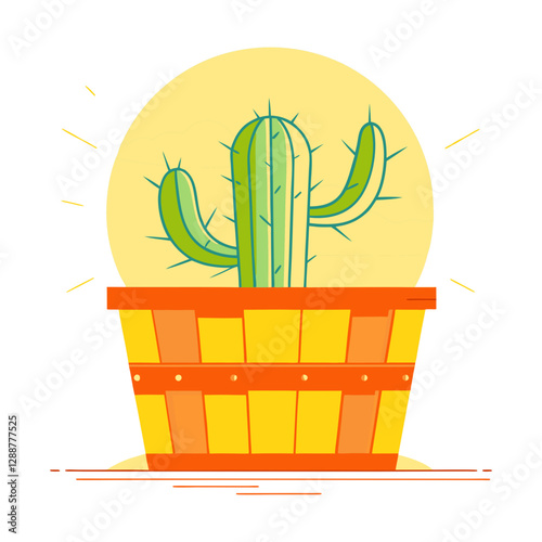 Vector illustration of a small cactus in a wooden pot, symbolizing home decor, gardening, and plant care in a warm and minimal style.