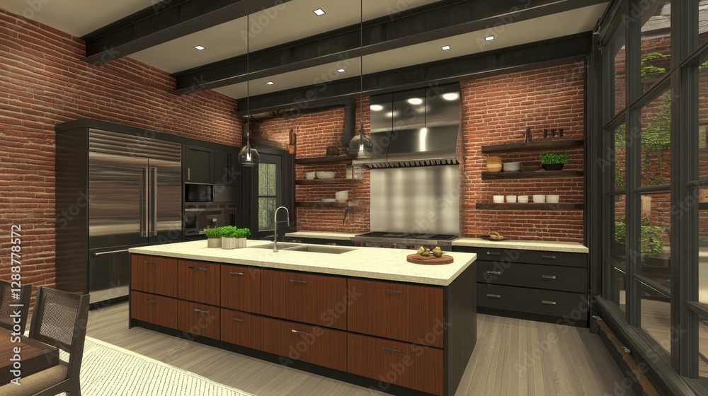 Obraz premium Industrial-modern apartment kitchen with exposed metal beams, dark wood cabinetry, and a bold aesthetic.