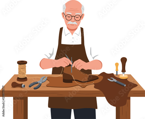 Skilled leatherworker crafting with tools in minimal vector art