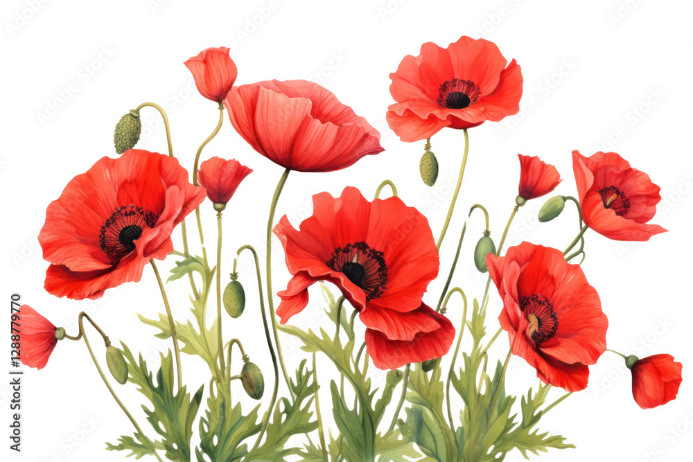 Naklejka premium Bright red poppies in full bloom with delicate petals and green stems isolated on white background