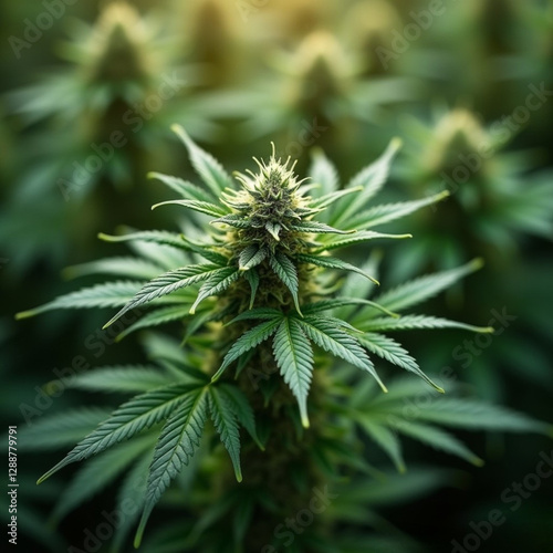 Close-up planta y flor de cannabis con otras plantas de fondo