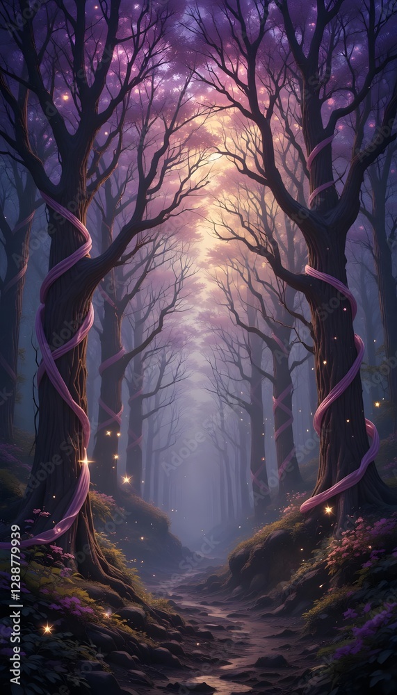 Fototapeta premium Enchanted Forest Path: A Mystical Journey Through Purple Twilight