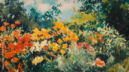 Colorful Flower Garden in Impressionistic Style with Bright Blooms