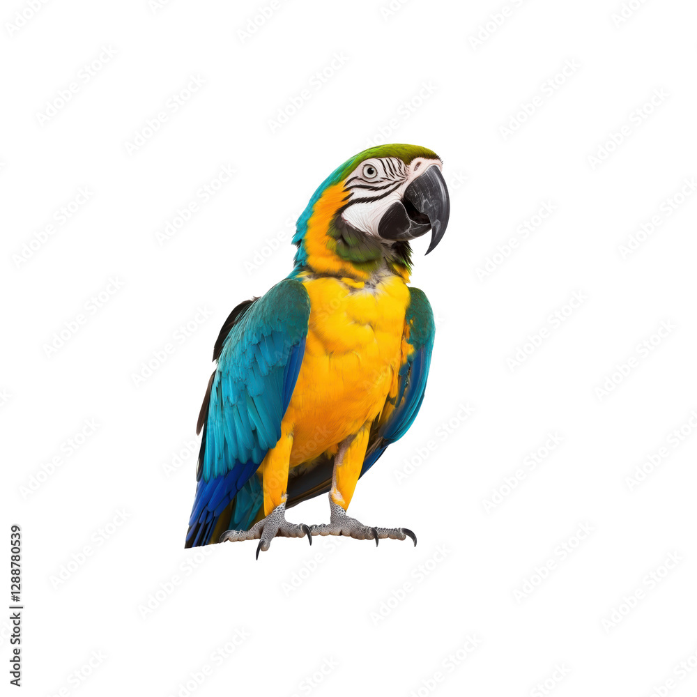 Fototapeta premium Vibrant Macaw Parrot with Blue and Yellow Feathers Against White Background