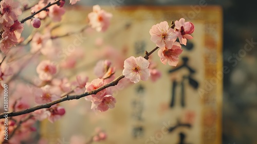 Blossoming cherry branches, delicate pink flowers against ancient parchment, serene nature theme, perfect for calm visuals.