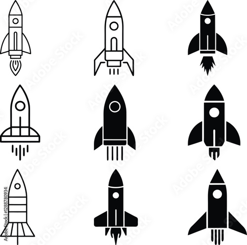 Set of Simple Rocket Icons in Black and White