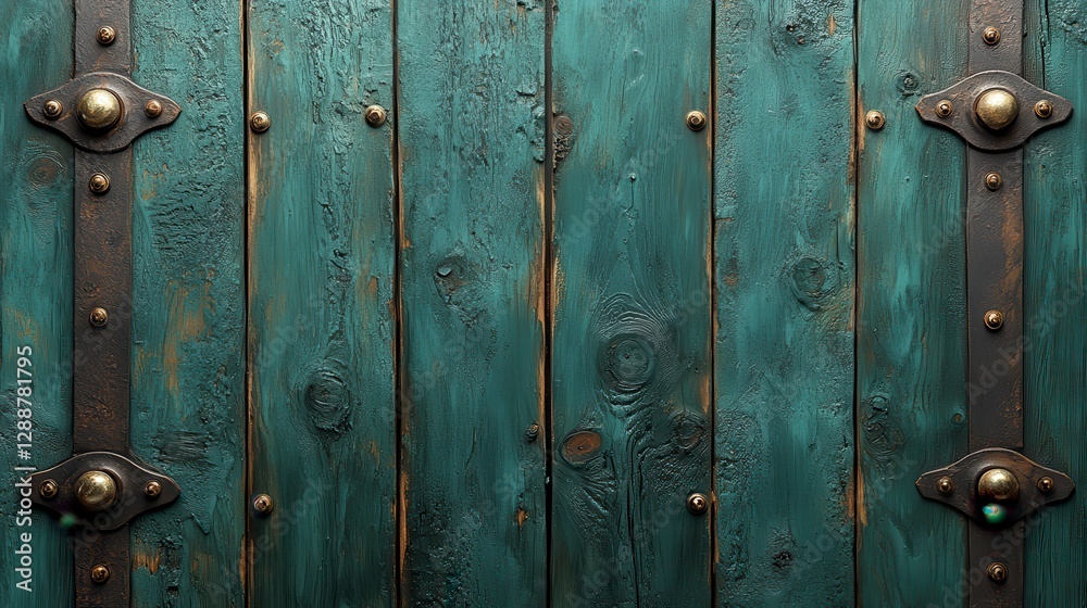 Fototapeta premium Vintage wooden door with decorative metal accents and fasteners