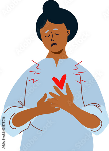 png woman Heart Attack. Senior Woman with pain in chest. Sick person heart disease. artery blocked with high cholesterol level. Vector cartoon flat  Illustration isolated on transparent background