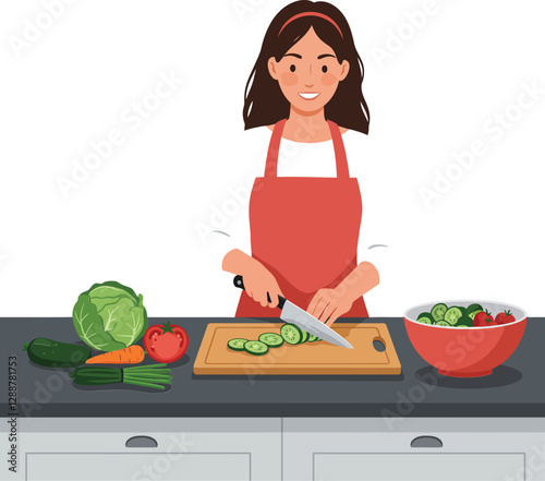 Woman chopping vegetables in a kitchen with flat design style vector art