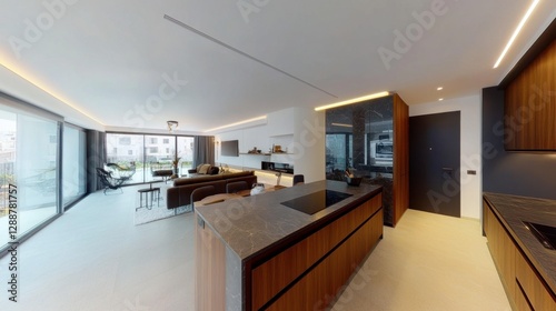 Open-plan modern apartment kitchen seamlessly connected to the living area, perfect for entertaining.