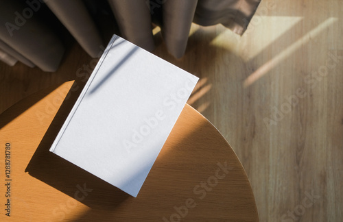 blank book mockup on wooden coffee table , shadow overlay