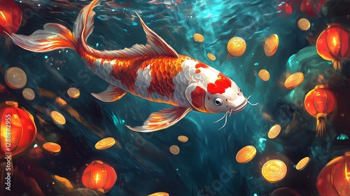 Colorful koi fish swimming in a vibrant pond, illuminated lanterns reflecting in water, serene and peaceful atmosphere.