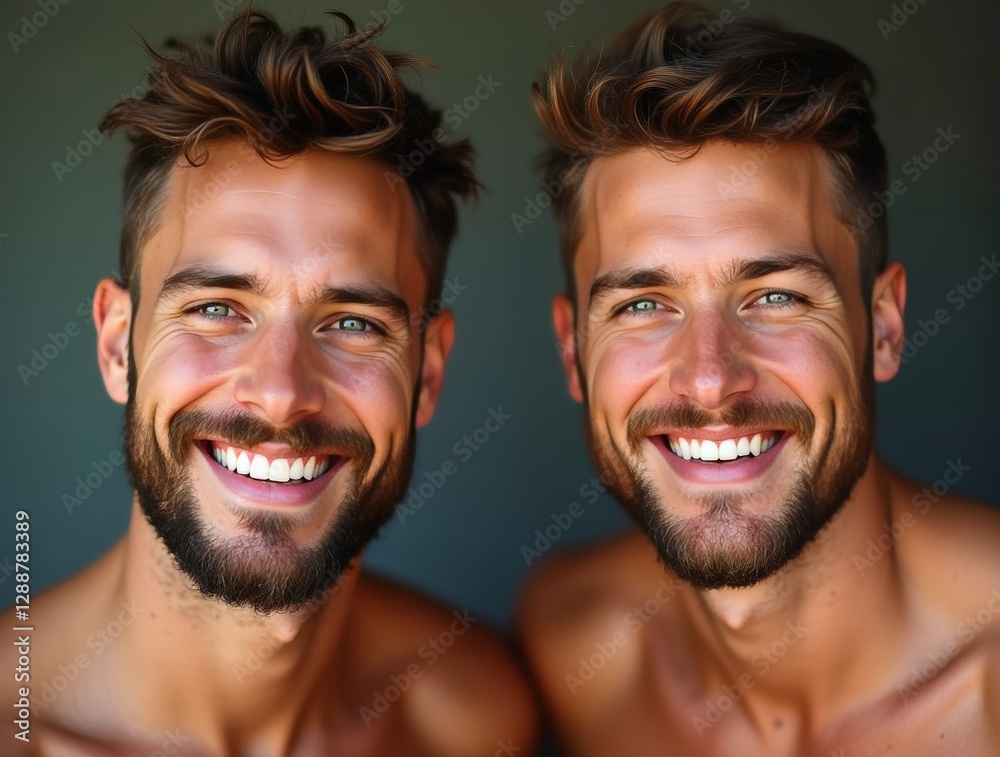 Smiling identical twin men with beards outdoors Smiling identical twin men with beards outdoors