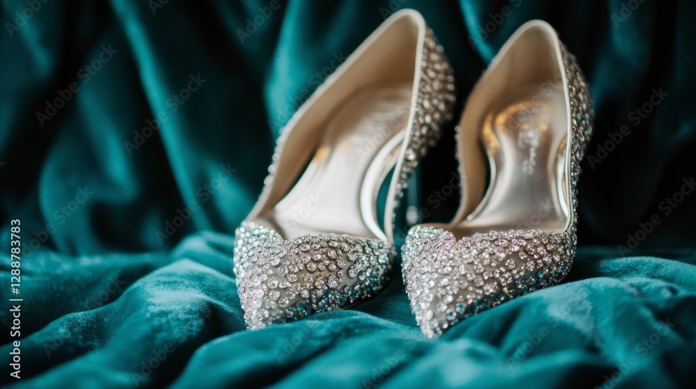 Sparkling silver high heels with rhinestone details, set against a luxurious velvet backdrop. Sparkling silver high heels with rhinestone details, set against a luxurious velvet backdrop.