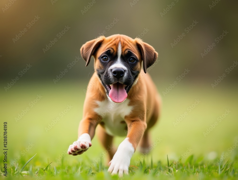 Energetic boxer puppy joyfully running on grass Energetic boxer puppy joyfully running on grass