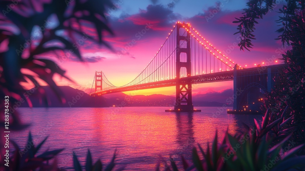Fototapeta premium Golden Gate Bridge Sunset Framed by Tropical Plants