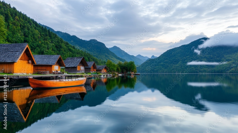 Fototapeta premium Alpine Lake Houses and Boat Reflection, Lakeside , Mountains