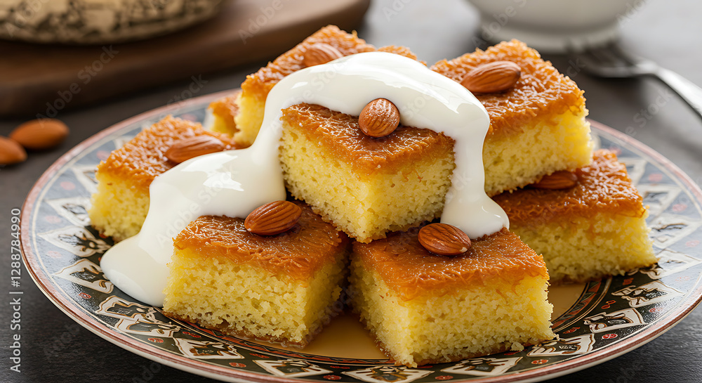 Traditional Egyptian Basbousa with Almonds and Creamy Yogurt Topping Traditional Egyptian Basbousa with Almonds and Creamy Yogurt Topping