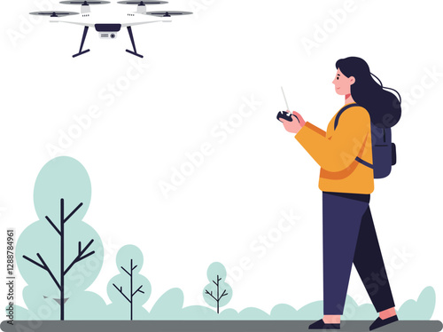 Drone pilot controlling a flying drone in a flat minimal vector illustration
