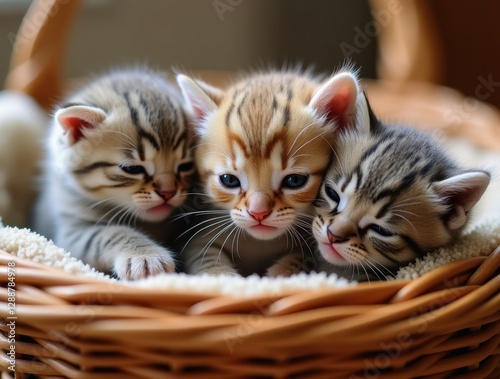 Three adorable kittens snuggling in a wicker basket
