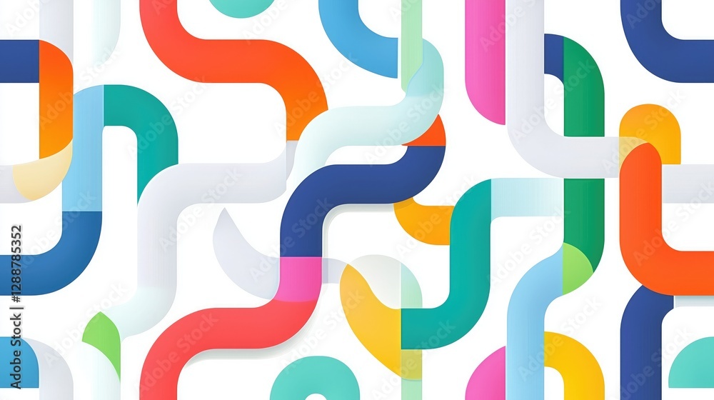 Obraz premium An eye - catching pattern featuring interconnected curved shapes in a variety of vivid colors such as red, blue, green, and orange, ideal for use as wallpaper or in modern graphic design projects.
