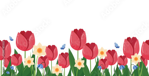 Spring Floral Frame with Red and Orange Tulips, Daffodils, and Scilla on White Background Easter or Mothers Day Banner.