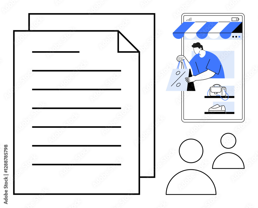 Large documents next to mobile screen depicting online shopping, figures indicating people or users. Ideal for e-commerce, digital paperwork, mobile apps, online transactions, communication, business Large documents next to mobile screen depicting online shopping, figures indicating people or users. Ideal for e-commerce, digital paperwork, mobile apps, online transactions, communication, business
