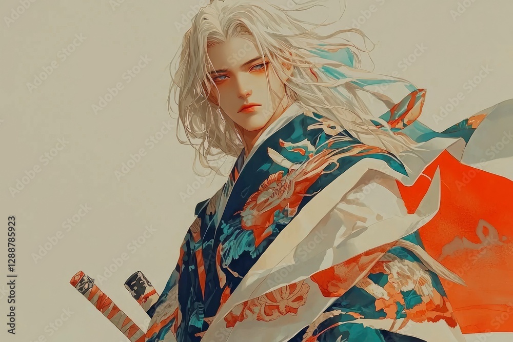 Fototapeta premium Elegant Anime Samurai with Long White Hair and Intricate Kimono