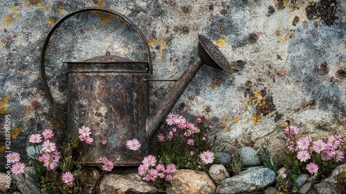 Vintage Watering Can Against Rustic Wall with Daisies and Stones photo