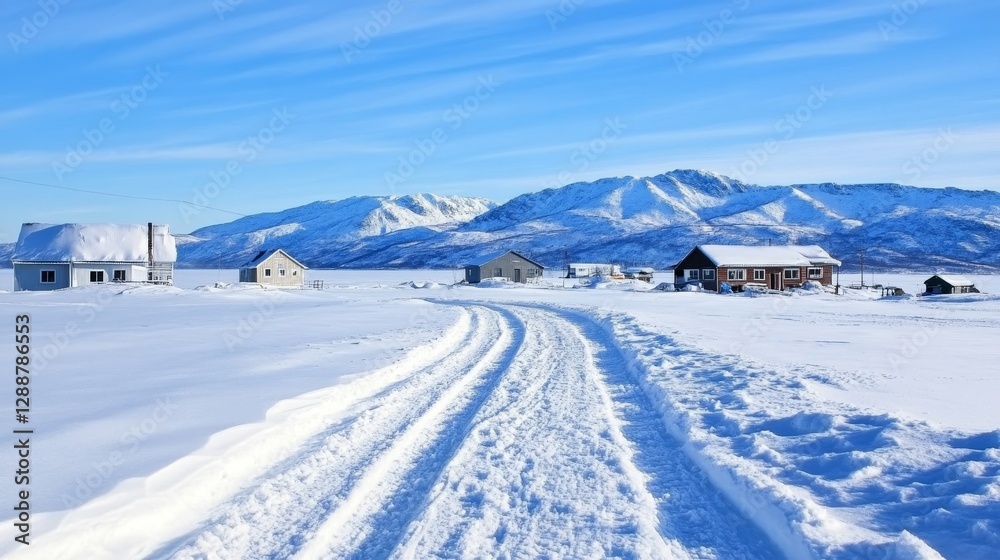Snow-covered landscape with distant mountains, rural houses, and clear blue sky in winter Snow-covered landscape with distant mountains, rural houses, and clear blue sky in winter