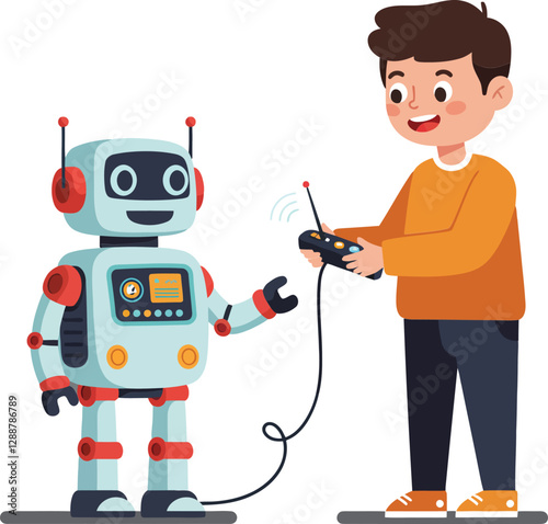 Robot interacting with child in flat, colorful, engaging vector art