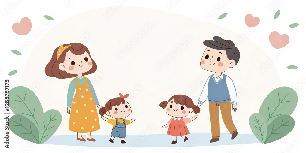 Naklejka premium A loving family of four, illustrated with cute characters, standing together with hearts floating around