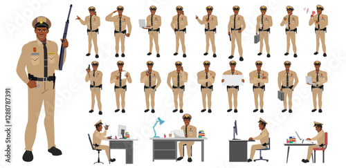 Police Officer Character Design Model Sheet. Man, Character design. Front, side, back view and explainer animation poses. Character set with lip sync and Walk cycle animation sequences.