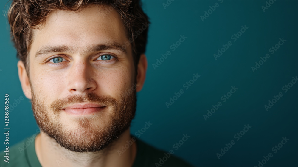 Fototapeta premium smiling man with blue eyes and beard against teal background