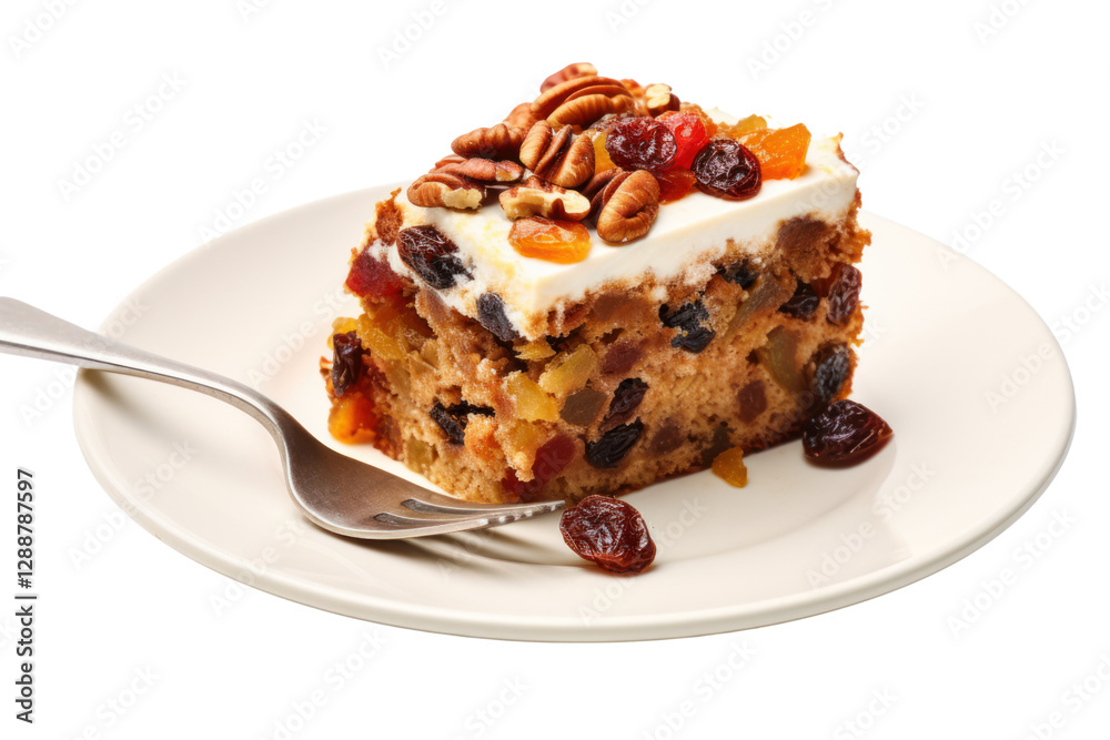 A slice of traditional fruitcake with visible layers of dried fruits and nuts, presented on a white plate with a fork, isolated on white background A slice of traditional fruitcake with visible layers of dried fruits and nuts, presented on a white plate with a fork, isolated on white background